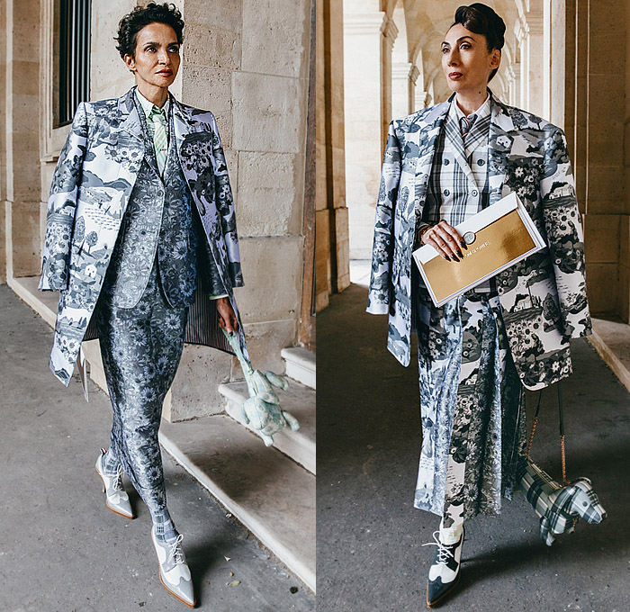 Thom Browne 2023 Resort Cruise Pre-Spring Womens Lookbook Presentation - Embroidery Flowers Floral Botanical Sunflowers Garden Houses Landscape Trees Neck Tie Suit Blazer Jacket Bee Tabard Sleeveless Vest Coat Stripes Plaid Check Pencil Skirt Accordion Pleats Patchwork Jacquard Brocade Knit Cardigan Sweater Tweed Layers Culottes Capri Cape Cloak Dachshund Handbag Doctor's Bag Socks Brogues Pot Clutch