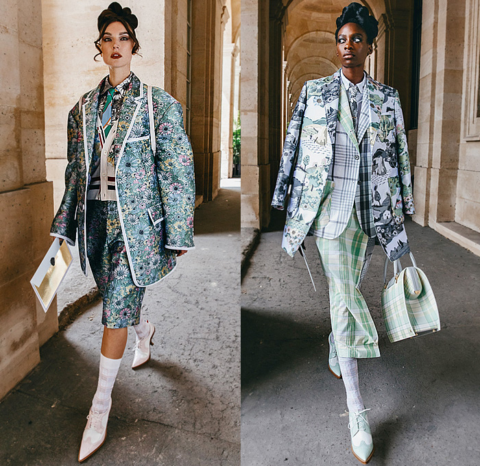 Thom Browne 2023 Resort Cruise Pre-Spring Womens Lookbook Presentation - Embroidery Flowers Floral Botanical Sunflowers Garden Houses Landscape Trees Neck Tie Suit Blazer Jacket Bee Tabard Sleeveless Vest Coat Stripes Plaid Check Pencil Skirt Accordion Pleats Patchwork Jacquard Brocade Knit Cardigan Sweater Tweed Layers Culottes Capri Cape Cloak Dachshund Handbag Doctor's Bag Socks Brogues Pot Clutch