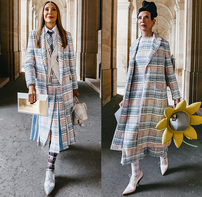 Thom Browne 2023 Resort Cruise Pre-Spring Womens Lookbook Presentation - Embroidery Flowers Floral Botanical Sunflowers Garden Houses Landscape Trees Neck Tie Suit Blazer Jacket Bee Tabard Sleeveless Vest Coat Stripes Plaid Check Pencil Skirt Accordion Pleats Patchwork Jacquard Brocade Knit Cardigan Sweater Tweed Layers Culottes Capri Cape Cloak Dachshund Handbag Doctor's Bag Socks Brogues Pot Clutch