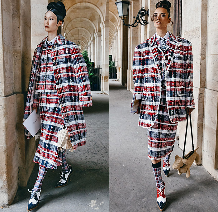 Thom Browne 2023 Resort Cruise Pre-Spring Womens Lookbook Presentation - Embroidery Flowers Floral Botanical Sunflowers Garden Houses Landscape Trees Neck Tie Suit Blazer Jacket Bee Tabard Sleeveless Vest Coat Stripes Plaid Check Pencil Skirt Accordion Pleats Patchwork Jacquard Brocade Knit Cardigan Sweater Tweed Layers Culottes Capri Cape Cloak Dachshund Handbag Doctor's Bag Socks Brogues Pot Clutch