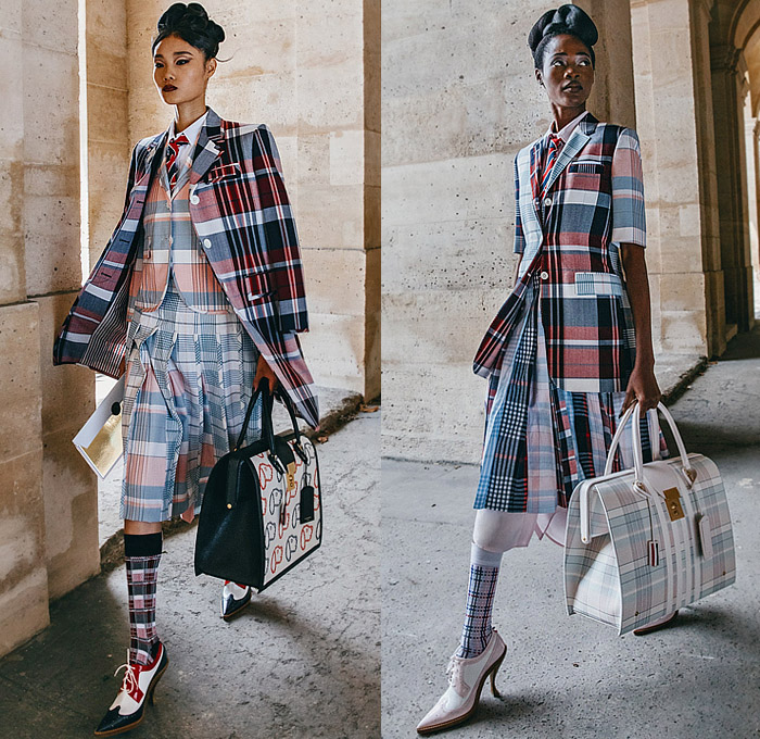 Thom Browne 2023 Resort Cruise Pre-Spring Womens Lookbook Presentation - Embroidery Flowers Floral Botanical Sunflowers Garden Houses Landscape Trees Neck Tie Suit Blazer Jacket Bee Tabard Sleeveless Vest Coat Stripes Plaid Check Pencil Skirt Accordion Pleats Patchwork Jacquard Brocade Knit Cardigan Sweater Tweed Layers Culottes Capri Cape Cloak Dachshund Handbag Doctor's Bag Socks Brogues Pot Clutch