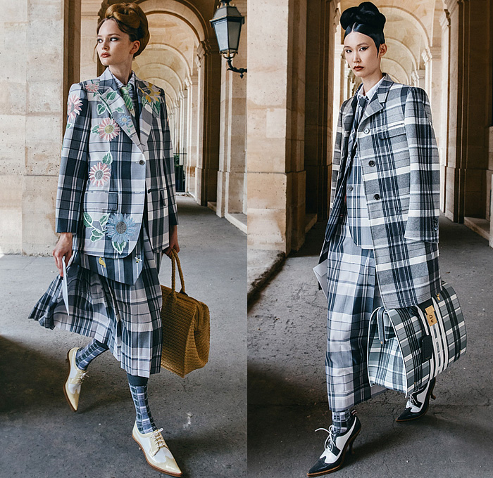 Thom Browne 2023 Resort Cruise Pre-Spring Womens Lookbook Presentation - Embroidery Flowers Floral Botanical Sunflowers Garden Houses Landscape Trees Neck Tie Suit Blazer Jacket Bee Tabard Sleeveless Vest Coat Stripes Plaid Check Pencil Skirt Accordion Pleats Patchwork Jacquard Brocade Knit Cardigan Sweater Tweed Layers Culottes Capri Cape Cloak Dachshund Handbag Doctor's Bag Socks Brogues Pot Clutch