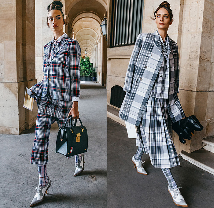 Thom Browne 2023 Resort Cruise Pre-Spring Womens Lookbook Presentation - Embroidery Flowers Floral Botanical Sunflowers Garden Houses Landscape Trees Neck Tie Suit Blazer Jacket Bee Tabard Sleeveless Vest Coat Stripes Plaid Check Pencil Skirt Accordion Pleats Patchwork Jacquard Brocade Knit Cardigan Sweater Tweed Layers Culottes Capri Cape Cloak Dachshund Handbag Doctor's Bag Socks Brogues Pot Clutch