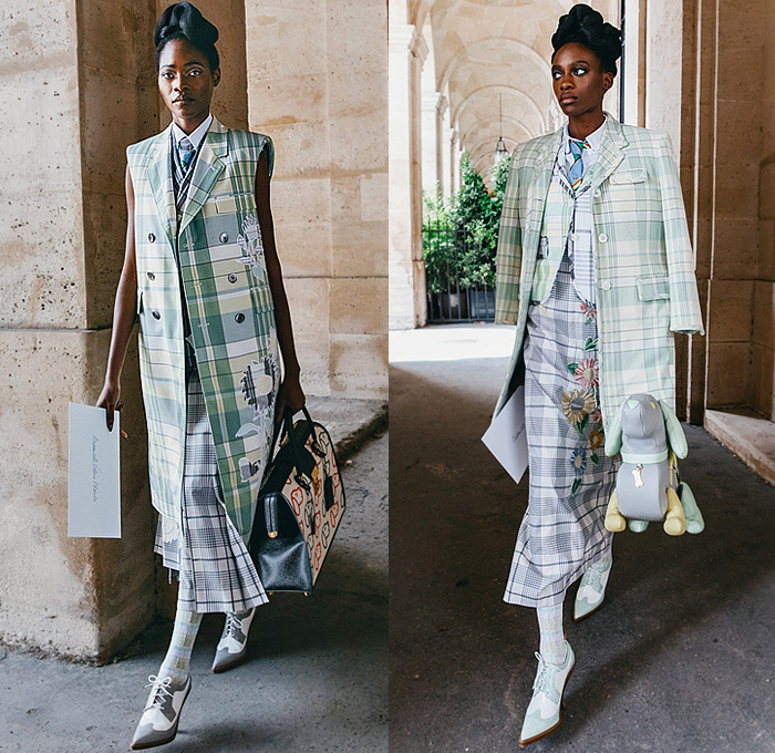 Thom Browne 2023 Resort Cruise Pre-Spring Womens Lookbook Presentation - Embroidery Flowers Floral Botanical Sunflowers Garden Houses Landscape Trees Neck Tie Suit Blazer Jacket Bee Tabard Sleeveless Vest Coat Stripes Plaid Check Pencil Skirt Accordion Pleats Patchwork Jacquard Brocade Knit Cardigan Sweater Tweed Layers Culottes Capri Cape Cloak Dachshund Handbag Doctor's Bag Socks Brogues Pot Clutch