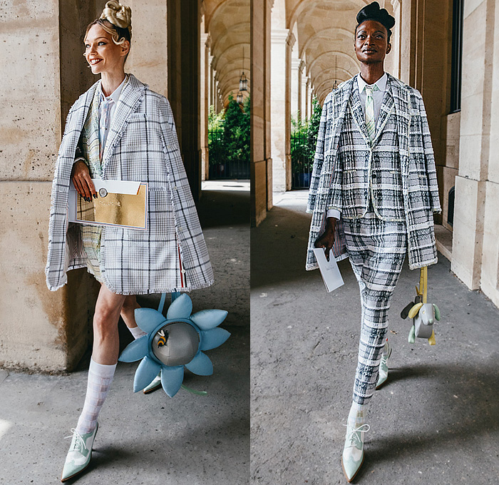 Thom Browne 2023 Resort Cruise Pre-Spring Womens Lookbook Presentation - Embroidery Flowers Floral Botanical Sunflowers Garden Houses Landscape Trees Neck Tie Suit Blazer Jacket Bee Tabard Sleeveless Vest Coat Stripes Plaid Check Pencil Skirt Accordion Pleats Patchwork Jacquard Brocade Knit Cardigan Sweater Tweed Layers Culottes Capri Cape Cloak Dachshund Handbag Doctor's Bag Socks Brogues Pot Clutch