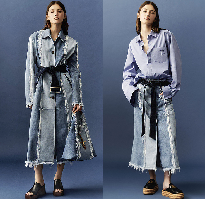 Tod's 2023 Resort Cruise Pre-Spring Womens Lookbook Presentation - Outerwear Trench Coat Bomber Motorcycle Biker Jacket Patchwork Denim Jeans Frayed Raw Hem Long Sleeve Blouse Chunky Knit Sweater Jumper Stripes Studs Blazer Pantsuit Wide Leg Slouchy Pants Shorts Culottes Marbled Suede Handbag Loafers