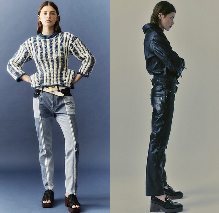 Tod's 2023 Resort Cruise Pre-Spring Womens Lookbook Presentation - Outerwear Trench Coat Bomber Motorcycle Biker Jacket Patchwork Denim Jeans Frayed Raw Hem Long Sleeve Blouse Chunky Knit Sweater Jumper Stripes Studs Blazer Pantsuit Wide Leg Slouchy Pants Shorts Culottes Marbled Suede Handbag Loafers