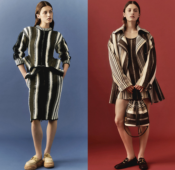 Tod's 2023 Resort Cruise Pre-Spring Womens Lookbook Presentation - Outerwear Trench Coat Bomber Motorcycle Biker Jacket Patchwork Denim Jeans Frayed Raw Hem Long Sleeve Blouse Chunky Knit Sweater Jumper Stripes Studs Blazer Pantsuit Wide Leg Slouchy Pants Shorts Culottes Marbled Suede Handbag Loafers