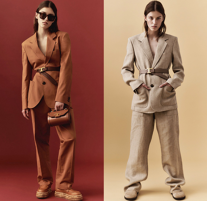 Tod's 2023 Resort Cruise Pre-Spring Womens Lookbook Presentation - Outerwear Trench Coat Bomber Motorcycle Biker Jacket Patchwork Denim Jeans Frayed Raw Hem Long Sleeve Blouse Chunky Knit Sweater Jumper Stripes Studs Blazer Pantsuit Wide Leg Slouchy Pants Shorts Culottes Marbled Suede Handbag Loafers