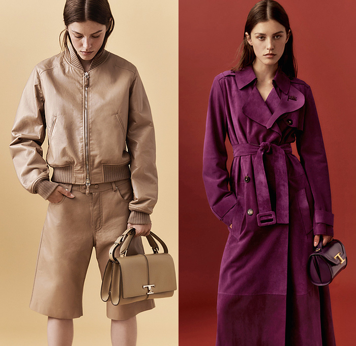 Tod's 2023 Resort Cruise Pre-Spring Womens Lookbook Presentation - Outerwear Trench Coat Bomber Motorcycle Biker Jacket Patchwork Denim Jeans Frayed Raw Hem Long Sleeve Blouse Chunky Knit Sweater Jumper Stripes Studs Blazer Pantsuit Wide Leg Slouchy Pants Shorts Culottes Marbled Suede Handbag Loafers