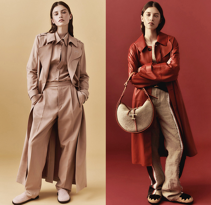 Tod's 2023 Resort Cruise Pre-Spring Womens Lookbook Presentation - Outerwear Trench Coat Bomber Motorcycle Biker Jacket Patchwork Denim Jeans Frayed Raw Hem Long Sleeve Blouse Chunky Knit Sweater Jumper Stripes Studs Blazer Pantsuit Wide Leg Slouchy Pants Shorts Culottes Marbled Suede Handbag Loafers