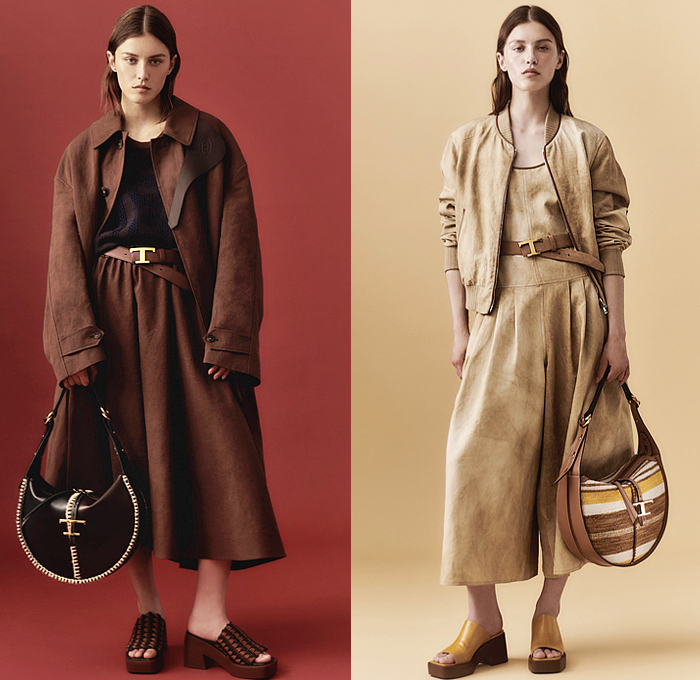 Tod's 2023 Resort Cruise Pre-Spring Womens Lookbook Presentation - Outerwear Trench Coat Bomber Motorcycle Biker Jacket Patchwork Denim Jeans Frayed Raw Hem Long Sleeve Blouse Chunky Knit Sweater Jumper Stripes Studs Blazer Pantsuit Wide Leg Slouchy Pants Shorts Culottes Marbled Suede Handbag Loafers