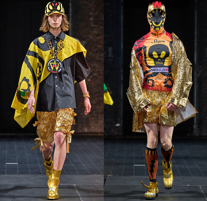 Walter Van Beirendonck 2023 Spring Summer Mens Runway Looks - Paris Fashion Week Homme Mode Masculine Printemps Eté - Wirwar Metallic Gold Foil Fins Trench Coat Onesie Jumpsuit Boilersuit Coveralls Oversleeve Capelet Shirt Castellated Hem Shorts Lightning Rod Ribbon Trackwear Tights Leggings Devil Cartoon Blazer Glitter Wide Leg Tiered Pleats Ruffles Hanging Sleeve Crumpled Biker Motorcycle Jacket Boxy Shoulders Manskirt Stripes Sun Boxing Shorts Holes Loafers Mask Trucker Hat