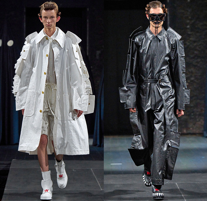 Walter Van Beirendonck 2023 Spring Summer Mens Runway Looks - Paris Fashion Week Homme Mode Masculine Printemps Eté - Wirwar Metallic Gold Foil Fins Trench Coat Onesie Jumpsuit Boilersuit Coveralls Oversleeve Capelet Shirt Castellated Hem Shorts Lightning Rod Ribbon Trackwear Tights Leggings Devil Cartoon Blazer Glitter Wide Leg Tiered Pleats Ruffles Hanging Sleeve Crumpled Biker Motorcycle Jacket Boxy Shoulders Manskirt Stripes Sun Boxing Shorts Holes Loafers Mask Trucker Hat