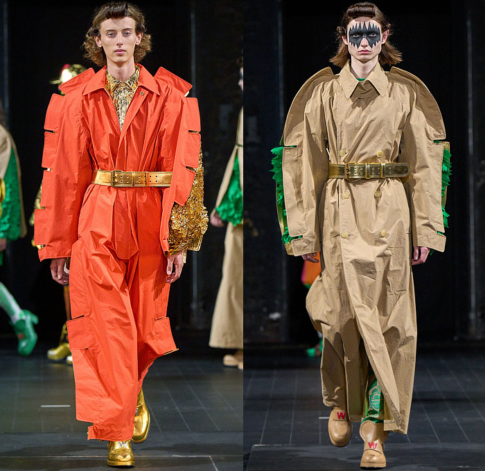 Walter Van Beirendonck 2023 Spring Summer Mens Runway Looks - Paris Fashion Week Homme Mode Masculine Printemps Eté - Wirwar Metallic Gold Foil Fins Trench Coat Onesie Jumpsuit Boilersuit Coveralls Oversleeve Capelet Shirt Castellated Hem Shorts Lightning Rod Ribbon Trackwear Tights Leggings Devil Cartoon Blazer Glitter Wide Leg Tiered Pleats Ruffles Hanging Sleeve Crumpled Biker Motorcycle Jacket Boxy Shoulders Manskirt Stripes Sun Boxing Shorts Holes Loafers Mask Trucker Hat