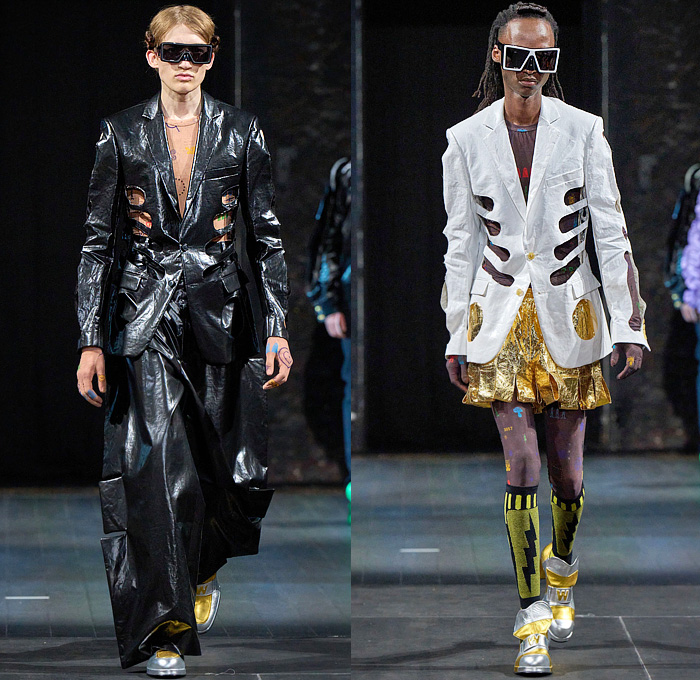 Walter Van Beirendonck 2023 Spring Summer Mens Runway Looks - Paris Fashion Week Homme Mode Masculine Printemps Eté - Wirwar Metallic Gold Foil Fins Trench Coat Onesie Jumpsuit Boilersuit Coveralls Oversleeve Capelet Shirt Castellated Hem Shorts Lightning Rod Ribbon Trackwear Tights Leggings Devil Cartoon Blazer Glitter Wide Leg Tiered Pleats Ruffles Hanging Sleeve Crumpled Biker Motorcycle Jacket Boxy Shoulders Manskirt Stripes Sun Boxing Shorts Holes Loafers Mask Trucker Hat