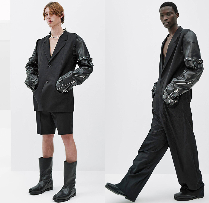 We11done 2023 Spring Summer Mens Best Looks - Rough Strokes - Motorcycle Moto Biker Jacket Vest Straps Belts Shorts Blazer Onesie Unitard Jumpsuit Boilersuit Coveralls Wrinkled Crinkled Textured Faux Print Mandress Waves Cinch Pleats Outerwear Coat Slouchy Pants Anorak Windbreaker Hoodie Tote Bag Boots