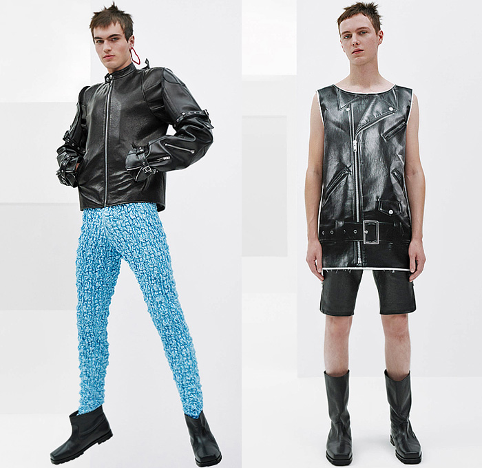 We11done 2023 Spring Summer Mens Best Looks - Rough Strokes - Motorcycle Moto Biker Jacket Vest Straps Belts Shorts Blazer Onesie Unitard Jumpsuit Boilersuit Coveralls Wrinkled Crinkled Textured Faux Print Mandress Waves Cinch Pleats Outerwear Coat Slouchy Pants Anorak Windbreaker Hoodie Tote Bag Boots