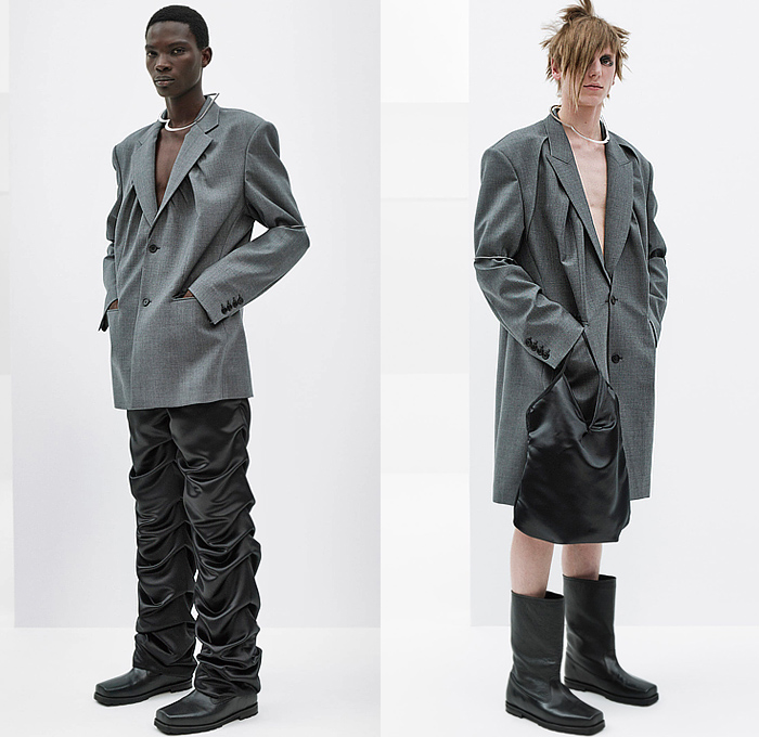 We11done 2023 Spring Summer Mens Best Looks - Rough Strokes - Motorcycle Moto Biker Jacket Vest Straps Belts Shorts Blazer Onesie Unitard Jumpsuit Boilersuit Coveralls Wrinkled Crinkled Textured Faux Print Mandress Waves Cinch Pleats Outerwear Coat Slouchy Pants Anorak Windbreaker Hoodie Tote Bag Boots