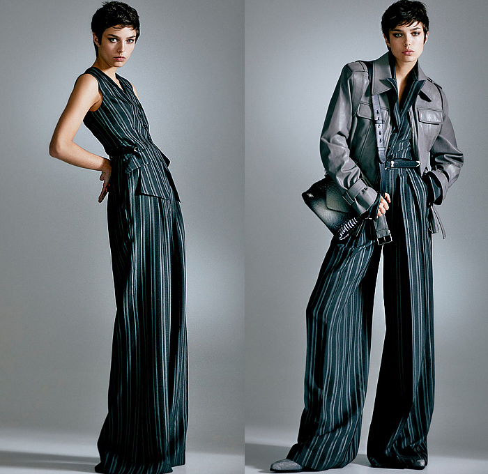 Alberta Ferretti 2024 Pre-Fall Autumn Womens Lookbook - Stripes Pinstripe Vest Outerwear Coat Jacket Utility Pockets Leather Long Sleeve Poplin Shirt Blouse Bustier Strapless Open Shoulders Plaid Check Lace Embroidery Intimates Cami Camisole Shorts Ruffles Frills Draped Silk Satin Tied Maxi Dress Goddess Gown Sheer Tulle Flowers Floral Painting Bedazzled Crystals Cutout Pleats High Waist Wide Leg Palazzo Pants Denim Jeans Dark Wash Cargo Pants Workwear Handbag
