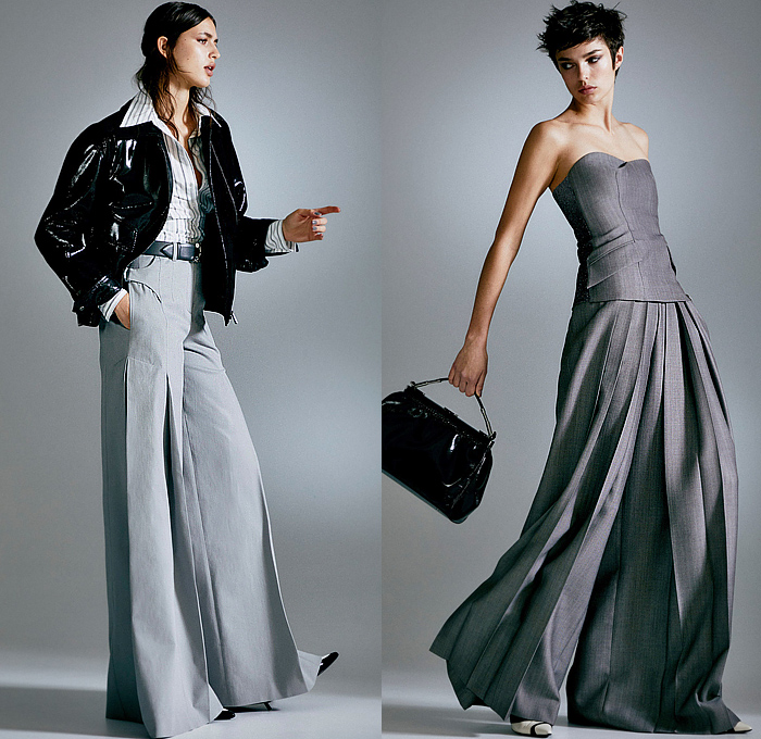 Alberta Ferretti 2024 Pre-Fall Autumn Womens Lookbook - Stripes Pinstripe Vest Outerwear Coat Jacket Utility Pockets Leather Long Sleeve Poplin Shirt Blouse Bustier Strapless Open Shoulders Plaid Check Lace Embroidery Intimates Cami Camisole Shorts Ruffles Frills Draped Silk Satin Tied Maxi Dress Goddess Gown Sheer Tulle Flowers Floral Painting Bedazzled Crystals Cutout Pleats High Waist Wide Leg Palazzo Pants Denim Jeans Dark Wash Cargo Pants Workwear Handbag