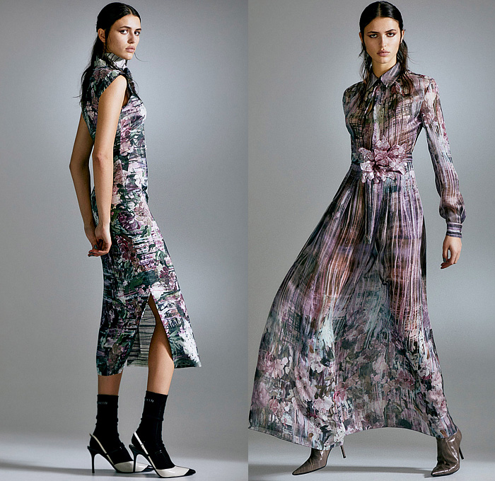Alberta Ferretti 2024 Pre-Fall Autumn Womens Lookbook - Stripes Pinstripe Vest Outerwear Coat Jacket Utility Pockets Leather Long Sleeve Poplin Shirt Blouse Bustier Strapless Open Shoulders Plaid Check Lace Embroidery Intimates Cami Camisole Shorts Ruffles Frills Draped Silk Satin Tied Maxi Dress Goddess Gown Sheer Tulle Flowers Floral Painting Bedazzled Crystals Cutout Pleats High Waist Wide Leg Palazzo Pants Denim Jeans Dark Wash Cargo Pants Workwear Handbag