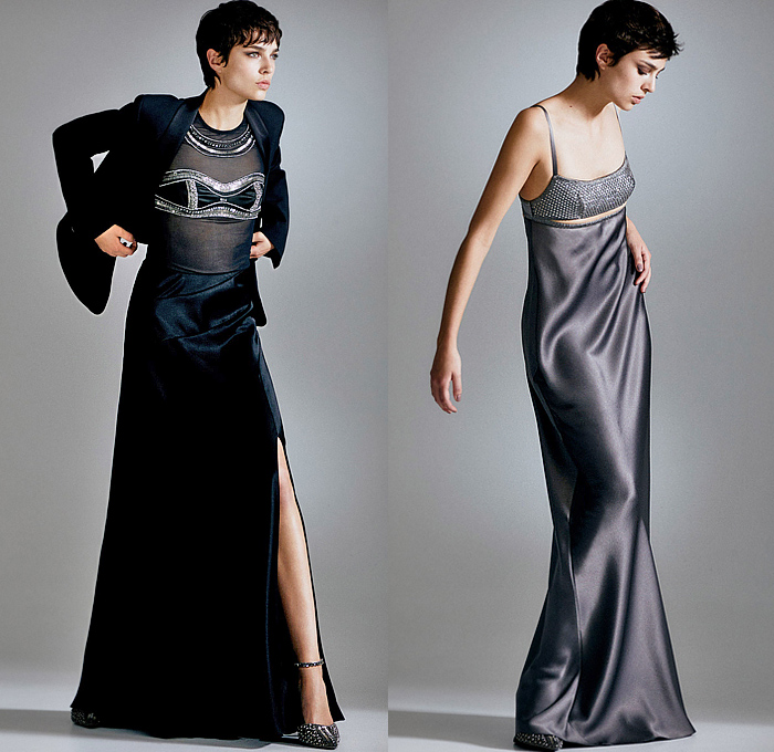 Alberta Ferretti 2024 Pre-Fall Autumn Womens Lookbook - Stripes Pinstripe Vest Outerwear Coat Jacket Utility Pockets Leather Long Sleeve Poplin Shirt Blouse Bustier Strapless Open Shoulders Plaid Check Lace Embroidery Intimates Cami Camisole Shorts Ruffles Frills Draped Silk Satin Tied Maxi Dress Goddess Gown Sheer Tulle Flowers Floral Painting Bedazzled Crystals Cutout Pleats High Waist Wide Leg Palazzo Pants Denim Jeans Dark Wash Cargo Pants Workwear Handbag