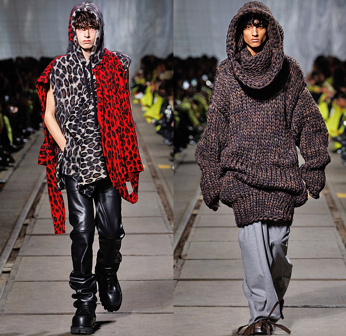 Alexander McQueen 2024-2025 Fall Autumn Winter Mens Presentation - Paris Fashion Week PFW - Seán McGirr - Knit Buttons Oversized Sweater Jumper Funnel Neck Wool Flannel Flannel Leopard Mesh Smashed Screen Glass Embroidery Slouchy Cargo Pants Leather Stonewash Denim Jeans Wrapped Metal Studs Fur Rhinestones Bedazzled Tailored Suit Blazer Pinstripe Silk Tarpaulin Coat Raincoat Padded Frankenstein Shoulders Rust Velvet Handbag Tassels Fringes Boots Fedora Hat