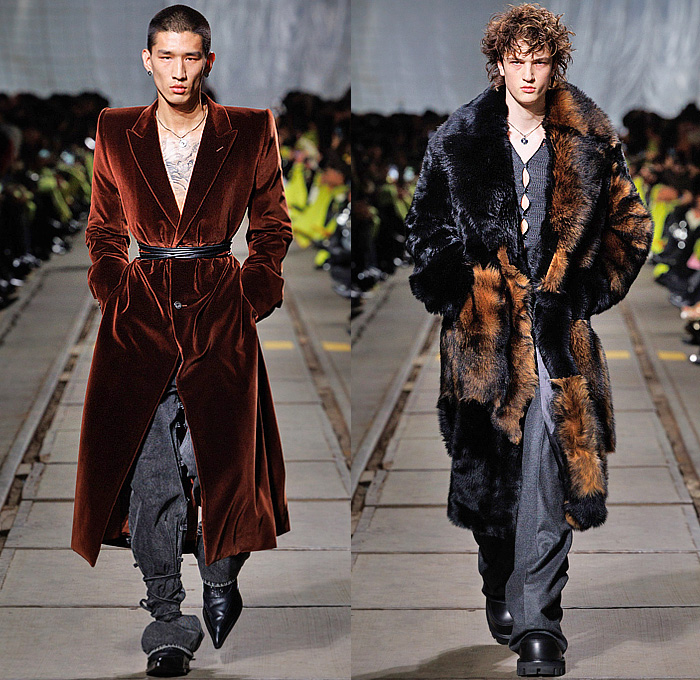 Alexander McQueen 2024-2025 Fall Autumn Winter Mens Presentation - Paris Fashion Week PFW - Seán McGirr - Knit Buttons Oversized Sweater Jumper Funnel Neck Wool Flannel Flannel Leopard Mesh Smashed Screen Glass Embroidery Slouchy Cargo Pants Leather Stonewash Denim Jeans Wrapped Metal Studs Fur Rhinestones Bedazzled Tailored Suit Blazer Pinstripe Silk Tarpaulin Coat Raincoat Padded Frankenstein Shoulders Rust Velvet Handbag Tassels Fringes Boots Fedora Hat