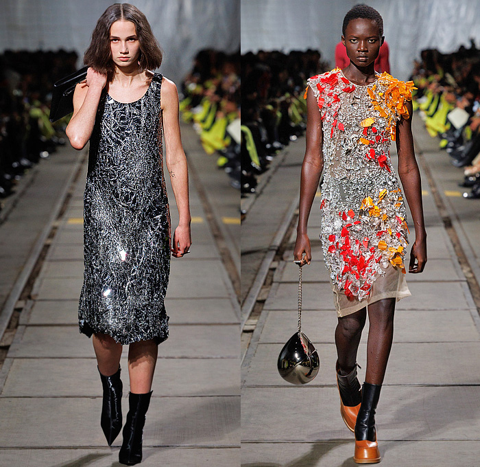 Alexander McQueen 2024-2025 Fall Autumn Winter Womens Runway Looks - Paris Fashion Week PFW - Smashed Screen Bedazzled Broken Glass Dress Crystals Bugle Bead Rhinestones Embroidery Sheer Tulle Sculpture Peplum Coat Jacket Leopard Draped Cocoon Knit Crochet Crop Top Midriff Bralette Mushroom Chunky Layers Tiered Fur Plush Shearling Cup Chalice Funnel Neck Denim Jeans Wrapped Tied Pantsuit Pinstripe Frankenstein Shoulders Handbag Metal Drop Fringes Tassels Boots