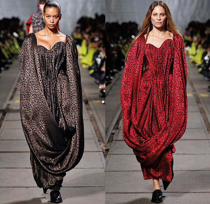 Alexander McQueen 2024-2025 Fall Autumn Winter Womens Runway Looks - Paris Fashion Week PFW - Smashed Screen Bedazzled Broken Glass Dress Crystals Bugle Bead Rhinestones Embroidery Sheer Tulle Sculpture Peplum Coat Jacket Leopard Draped Cocoon Knit Crochet Crop Top Midriff Bralette Mushroom Chunky Layers Tiered Fur Plush Shearling Cup Chalice Funnel Neck Denim Jeans Wrapped Tied Pantsuit Pinstripe Frankenstein Shoulders Handbag Metal Drop Fringes Tassels Boots