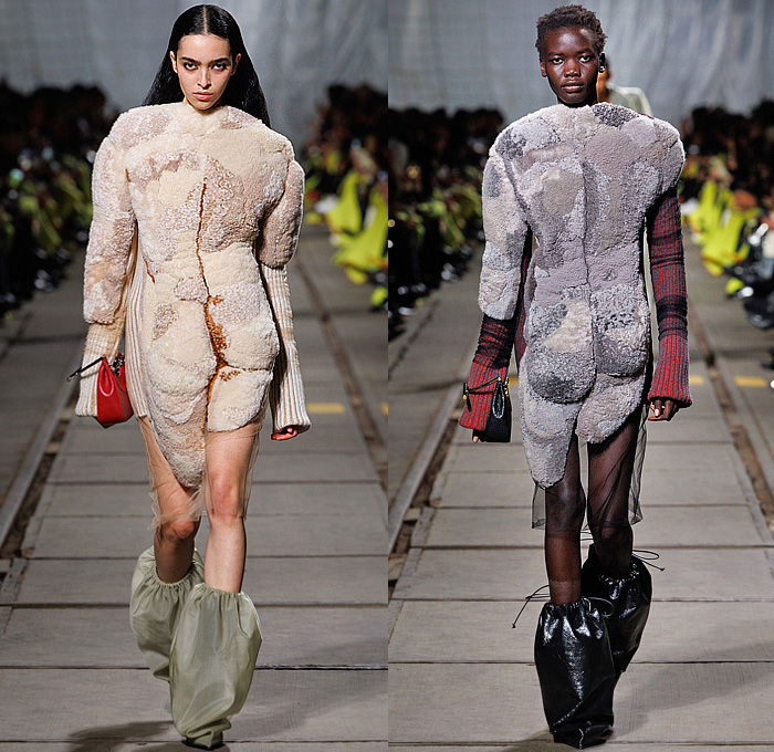 Alexander McQueen 2024-2025 Fall Autumn Winter Womens Runway Looks - Paris Fashion Week PFW - Smashed Screen Bedazzled Broken Glass Dress Crystals Bugle Bead Rhinestones Embroidery Sheer Tulle Sculpture Peplum Coat Jacket Leopard Draped Cocoon Knit Crochet Crop Top Midriff Bralette Mushroom Chunky Layers Tiered Fur Plush Shearling Cup Chalice Funnel Neck Denim Jeans Wrapped Tied Pantsuit Pinstripe Frankenstein Shoulders Handbag Metal Drop Fringes Tassels Boots