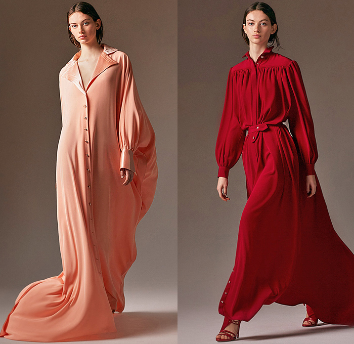 Alexis Mabille 2024-2025 Fall Autumn Winter Womens Lookbook Presentation - Paris Fashion Week Femme PFW - Society - Silk Satin Shirtdress Shirtgown Blazerdress Blazergown Maxi Dress Gown Dress Onesie Oversized Lace Needlework Embroidery Sheer Tulle Tied Tie Up Waist Hanging Sleeve Rennaissance Frogging Draped Peel Off One Shoulder Corset Poufy Puff Sleeves Drawstring