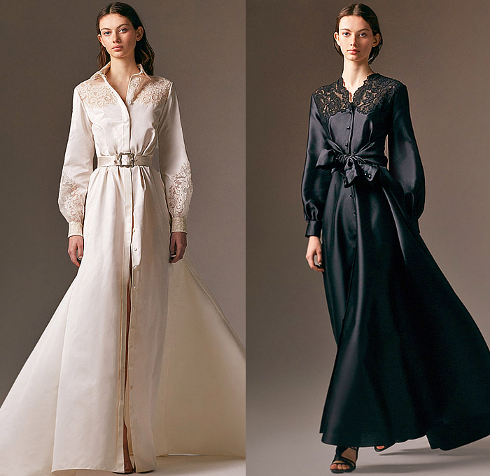 Alexis Mabille 2024-2025 Fall Autumn Winter Womens Lookbook Presentation - Paris Fashion Week Femme PFW - Society - Silk Satin Shirtdress Shirtgown Blazerdress Blazergown Maxi Dress Gown Dress Onesie Oversized Lace Needlework Embroidery Sheer Tulle Tied Tie Up Waist Hanging Sleeve Rennaissance Frogging Draped Peel Off One Shoulder Corset Poufy Puff Sleeves Drawstring