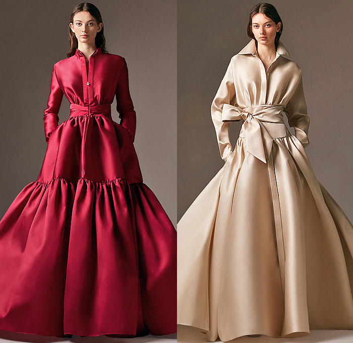 Alexis Mabille 2024-2025 Fall Autumn Winter Womens Lookbook Presentation - Paris Fashion Week Femme PFW - Society - Silk Satin Shirtdress Shirtgown Blazerdress Blazergown Maxi Dress Gown Dress Onesie Oversized Lace Needlework Embroidery Sheer Tulle Tied Tie Up Waist Hanging Sleeve Rennaissance Frogging Draped Peel Off One Shoulder Corset Poufy Puff Sleeves Drawstring