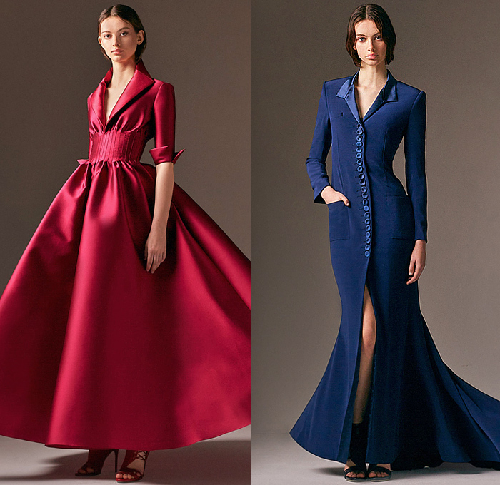 Alexis Mabille 2024-2025 Fall Autumn Winter Womens Lookbook Presentation - Paris Fashion Week Femme PFW - Society - Silk Satin Shirtdress Shirtgown Blazerdress Blazergown Maxi Dress Gown Dress Onesie Oversized Lace Needlework Embroidery Sheer Tulle Tied Tie Up Waist Hanging Sleeve Rennaissance Frogging Draped Peel Off One Shoulder Corset Poufy Puff Sleeves Drawstring