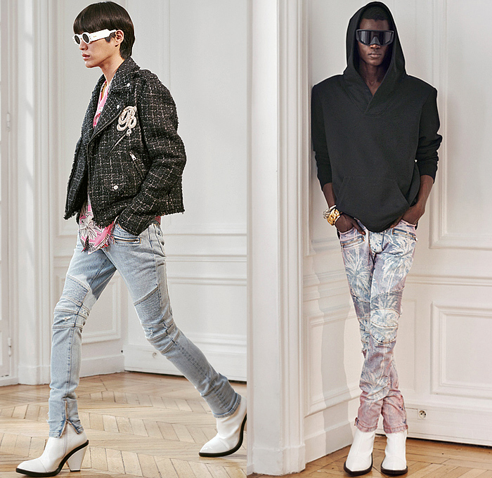 Balmain 2024 Pre-Fall Autumn Mens Lookbook - Miami Vice Florida Palm Trees Silhouette 1980s Eighties Tropical Tweed Motorcycle Jacket Hoodie Sweatshirt Sleeveless Moto Biker Pants Skinny Flare Knee Panels Bedazzled Studs Sequins Crystals Beads Velvet Quilted Patchwork Stripes Blazer Harlequin Check Pointed Lapel Pockets Padded Boxy Shoulders Tuxedo Long Coat Outerwear Denim Jeans Colorblock Boots Sunglasses Shades Handbag