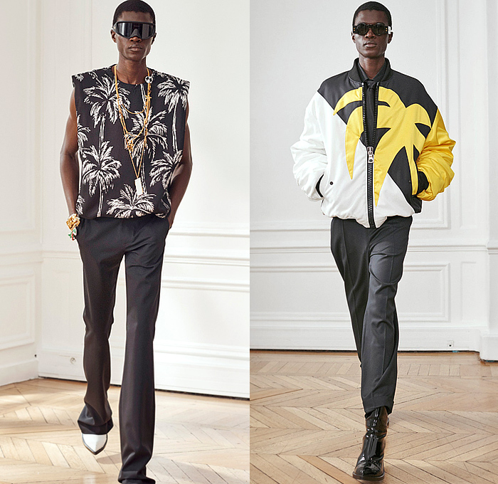 Balmain 2024 Pre-Fall Autumn Mens Lookbook - Miami Vice Florida Palm Trees Silhouette 1980s Eighties Tropical Tweed Motorcycle Jacket Hoodie Sweatshirt Sleeveless Moto Biker Pants Skinny Flare Knee Panels Bedazzled Studs Sequins Crystals Beads Velvet Quilted Patchwork Stripes Blazer Harlequin Check Pointed Lapel Pockets Padded Boxy Shoulders Tuxedo Long Coat Outerwear Denim Jeans Colorblock Boots Sunglasses Shades Handbag