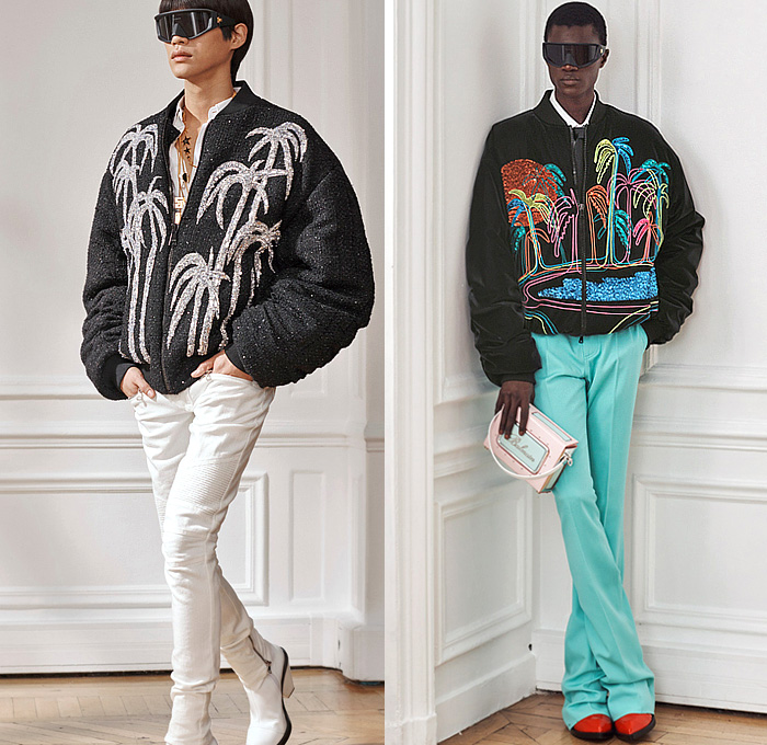 Balmain 2024 Pre-Fall Autumn Mens Lookbook - Miami Vice Florida Palm Trees Silhouette 1980s Eighties Tropical Tweed Motorcycle Jacket Hoodie Sweatshirt Sleeveless Moto Biker Pants Skinny Flare Knee Panels Bedazzled Studs Sequins Crystals Beads Velvet Quilted Patchwork Stripes Blazer Harlequin Check Pointed Lapel Pockets Padded Boxy Shoulders Tuxedo Long Coat Outerwear Denim Jeans Colorblock Boots Sunglasses Shades Handbag