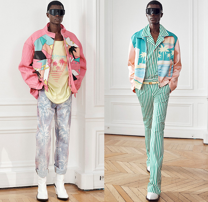 Balmain 2024 Pre-Fall Autumn Mens Lookbook - Miami Vice Florida Palm Trees Silhouette 1980s Eighties Tropical Tweed Motorcycle Jacket Hoodie Sweatshirt Sleeveless Moto Biker Pants Skinny Flare Knee Panels Bedazzled Studs Sequins Crystals Beads Velvet Quilted Patchwork Stripes Blazer Harlequin Check Pointed Lapel Pockets Padded Boxy Shoulders Tuxedo Long Coat Outerwear Denim Jeans Colorblock Boots Sunglasses Shades Handbag