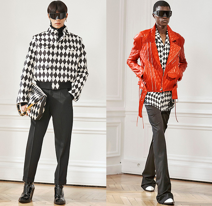 Balmain 2024 Pre-Fall Autumn Mens Lookbook - Miami Vice Florida Palm Trees Silhouette 1980s Eighties Tropical Tweed Motorcycle Jacket Hoodie Sweatshirt Sleeveless Moto Biker Pants Skinny Flare Knee Panels Bedazzled Studs Sequins Crystals Beads Velvet Quilted Patchwork Stripes Blazer Harlequin Check Pointed Lapel Pockets Padded Boxy Shoulders Tuxedo Long Coat Outerwear Denim Jeans Colorblock Boots Sunglasses Shades Handbag