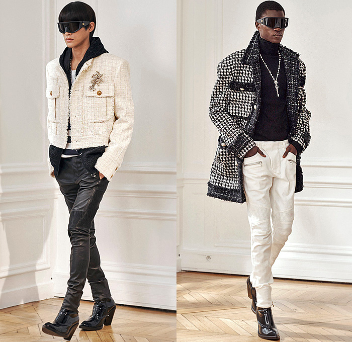 Balmain 2024 Pre-Fall Autumn Mens Lookbook - Miami Vice Florida Palm Trees Silhouette 1980s Eighties Tropical Tweed Motorcycle Jacket Hoodie Sweatshirt Sleeveless Moto Biker Pants Skinny Flare Knee Panels Bedazzled Studs Sequins Crystals Beads Velvet Quilted Patchwork Stripes Blazer Harlequin Check Pointed Lapel Pockets Padded Boxy Shoulders Tuxedo Long Coat Outerwear Denim Jeans Colorblock Boots Sunglasses Shades Handbag