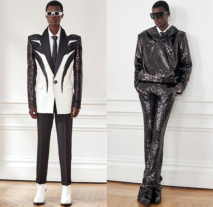 Balmain 2024 Pre-Fall Autumn Mens Lookbook - Miami Vice Florida Palm Trees Silhouette 1980s Eighties Tropical Tweed Motorcycle Jacket Hoodie Sweatshirt Sleeveless Moto Biker Pants Skinny Flare Knee Panels Bedazzled Studs Sequins Crystals Beads Velvet Quilted Patchwork Stripes Blazer Harlequin Check Pointed Lapel Pockets Padded Boxy Shoulders Tuxedo Long Coat Outerwear Denim Jeans Colorblock Boots Sunglasses Shades Handbag