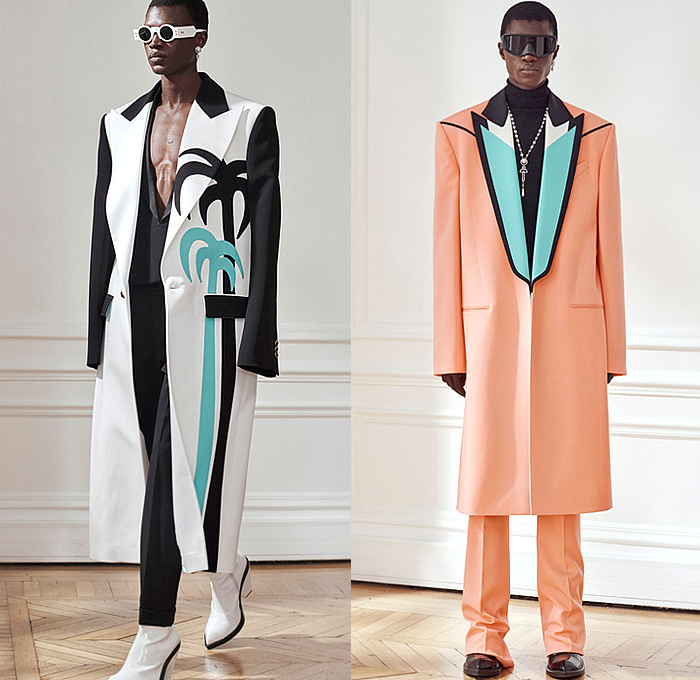 Balmain 2024 Pre-Fall Autumn Mens Lookbook - Miami Vice Florida Palm Trees Silhouette 1980s Eighties Tropical Tweed Motorcycle Jacket Hoodie Sweatshirt Sleeveless Moto Biker Pants Skinny Flare Knee Panels Bedazzled Studs Sequins Crystals Beads Velvet Quilted Patchwork Stripes Blazer Harlequin Check Pointed Lapel Pockets Padded Boxy Shoulders Tuxedo Long Coat Outerwear Denim Jeans Colorblock Boots Sunglasses Shades Handbag