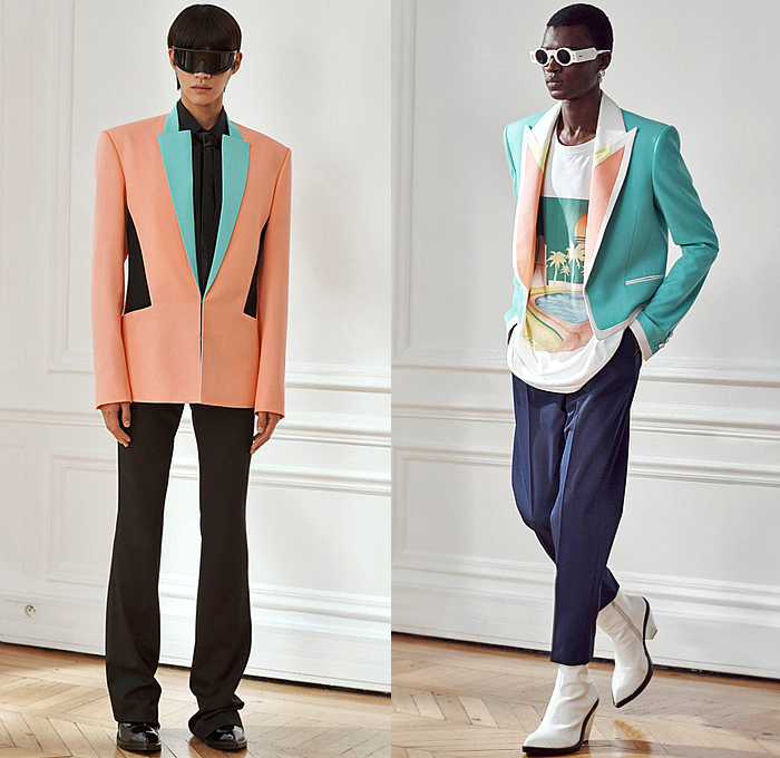 Balmain 2024 Pre-Fall Autumn Mens Lookbook - Miami Vice Florida Palm Trees Silhouette 1980s Eighties Tropical Tweed Motorcycle Jacket Hoodie Sweatshirt Sleeveless Moto Biker Pants Skinny Flare Knee Panels Bedazzled Studs Sequins Crystals Beads Velvet Quilted Patchwork Stripes Blazer Harlequin Check Pointed Lapel Pockets Padded Boxy Shoulders Tuxedo Long Coat Outerwear Denim Jeans Colorblock Boots Sunglasses Shades Handbag