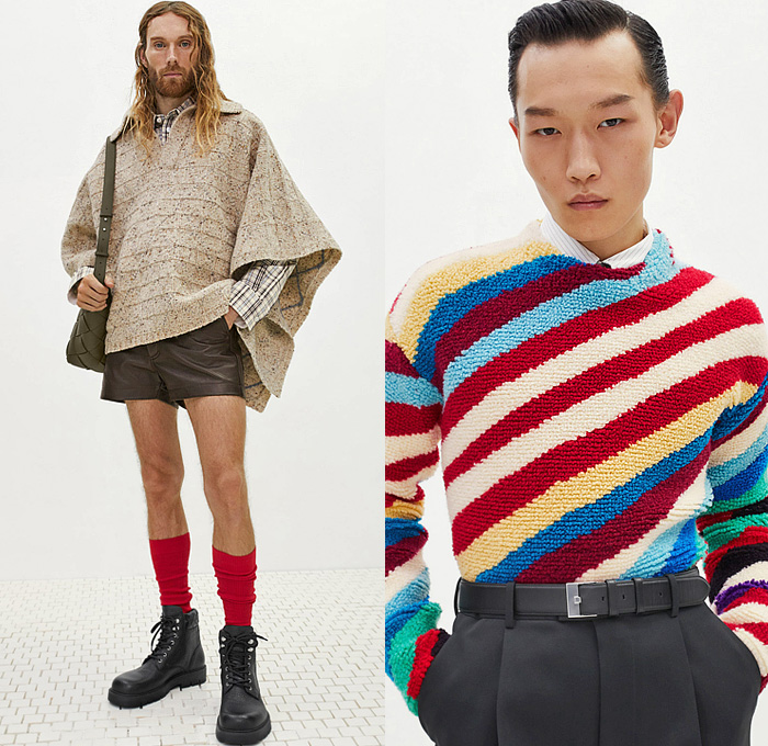 Bottega Veneta 2024 Pre-Fall Autumn Mens Lookbook - Knit Basketweave Poncho Outerwear Coat Jacket Plaid Check Stripes Sweater Jumper Cardigan Utility Pockets Long Sleeve Shirt Neck Tie Suit Blazer Herringbone Corduroy Sailor Collar Capelet Leather Caftan Kaftan Onesie Manskirt Kilt Wide Leg Baggy Shorts Extra Hem Curved Shoulders Handbag Tote Boots Sandals Bottega Veneta 2024 Pre-Fall Autumn Mens Lookbook - Knit Basketweave Poncho Outerwear Coat Jacket Plaid Check Stripes Sweater Jumper Cardigan Utility Pockets Long Sleeve Shirt Neck Tie Suit Blazer Herringbone Corduroy Sailor Collar Capelet Leather Caftan Kaftan Onesie Manskirt Kilt Wide Leg Baggy Shorts Extra Hem Curved Shoulders Handbag Tote Boots Sandals