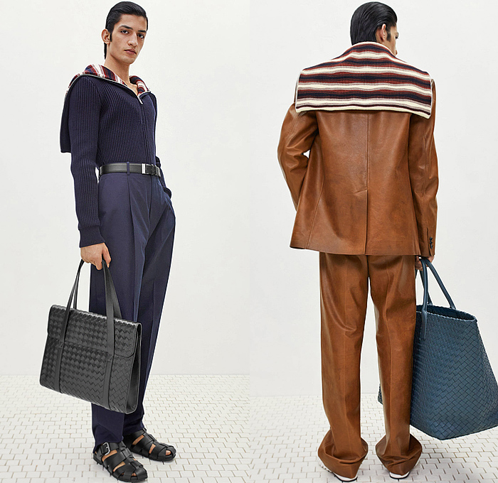 Bottega Veneta 2024 Pre-Fall Autumn Mens Lookbook - Knit Basketweave Poncho Outerwear Coat Jacket Plaid Check Stripes Sweater Jumper Cardigan Utility Pockets Long Sleeve Shirt Neck Tie Suit Blazer Herringbone Corduroy Sailor Collar Capelet Leather Caftan Kaftan Onesie Manskirt Kilt Wide Leg Baggy Shorts Extra Hem Curved Shoulders Handbag Tote Boots Sandals Bottega Veneta 2024 Pre-Fall Autumn Mens Lookbook - Knit Basketweave Poncho Outerwear Coat Jacket Plaid Check Stripes Sweater Jumper Cardigan Utility Pockets Long Sleeve Shirt Neck Tie Suit Blazer Herringbone Corduroy Sailor Collar Capelet Leather Caftan Kaftan Onesie Manskirt Kilt Wide Leg Baggy Shorts Extra Hem Curved Shoulders Handbag Tote Boots Sandals