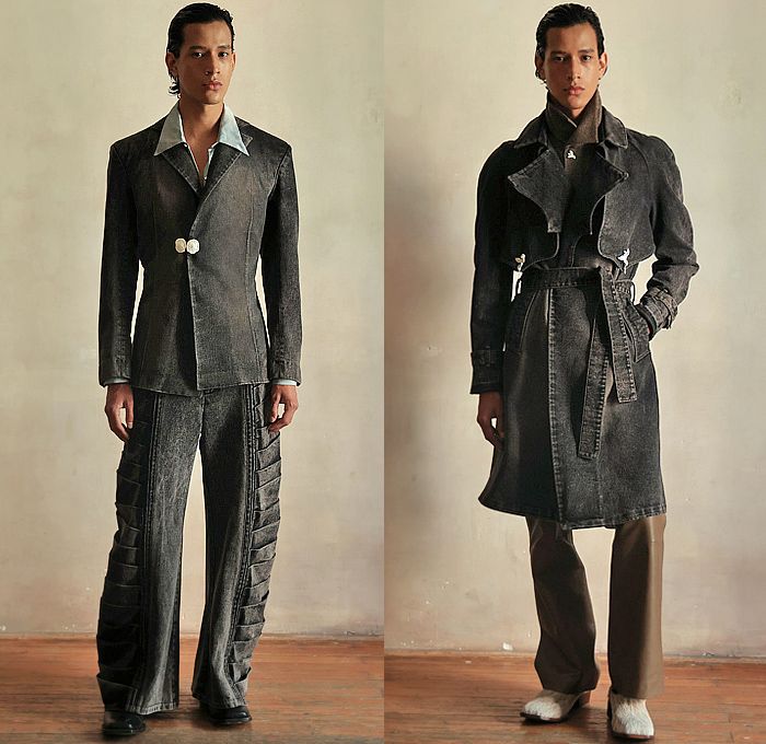 Campillo 2024-2025 Fall Autumn Winter Mens Lookbook Presentation - Quilted Ribbed Tank Top Sleeveless Wrap Sash Silk Satin Twist Knot Tied Sculpture One Shoulder Ridges Cockfighting Roosters Brooch Broche Pin Outerwear Trench Coat Blazer Jacket Denim Jeans Dark Wash Tiered Pockets Leather Wide Leg Flare Grunge Rusty Boots