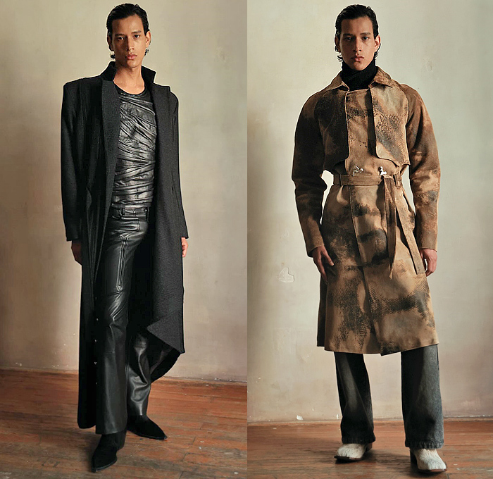 Campillo 2024-2025 Fall Autumn Winter Mens Lookbook Presentation - Quilted Ribbed Tank Top Sleeveless Wrap Sash Silk Satin Twist Knot Tied Sculpture One Shoulder Ridges Cockfighting Roosters Brooch Broche Pin Outerwear Trench Coat Blazer Jacket Denim Jeans Dark Wash Tiered Pockets Leather Wide Leg Flare Grunge Rusty Boots