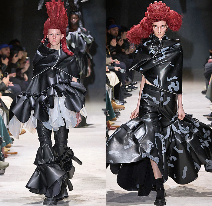 Comme des Garçons 2024-2025 Fall Autumn Winter Womens Runway Looks - Paris Fashion Week Femme PFW - Anger - Vinyl Pleather Capelet Pellegrina Zipper Ruffles Layers Pleats Panels Sculpture Tied Knot Wrap Flare Deconstructed Asymmetrical Crinoline Lantern Skirt Flowers Floral Roses Poodle Skirt Outerwear Jacket Barbed Wires Chains Frankenstein Padded Shoulders Fringes Pinafore Dress Pockets Straps Balloon Bloated Puff Sleeves Poufy Shoulders Judge Wigs